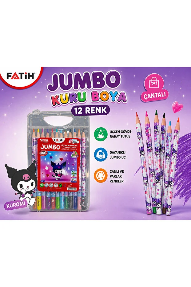 Kuromi Temalı 12 Renk Jumbo Kuru Boya Seti Üçgen Gövde Pratik Çantalı Kuromi Temalı 12 Renk Jumbo Kuru Boya Seti Üçgen Gövde Pratik Çantalı